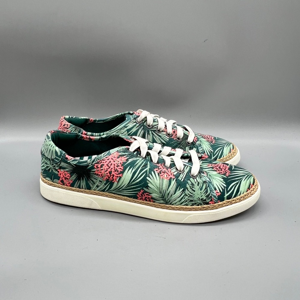 Vionic Shoes Womens 9.5 Green Pink Canvas Hattie Tropical Palm Lace Up Sneakers